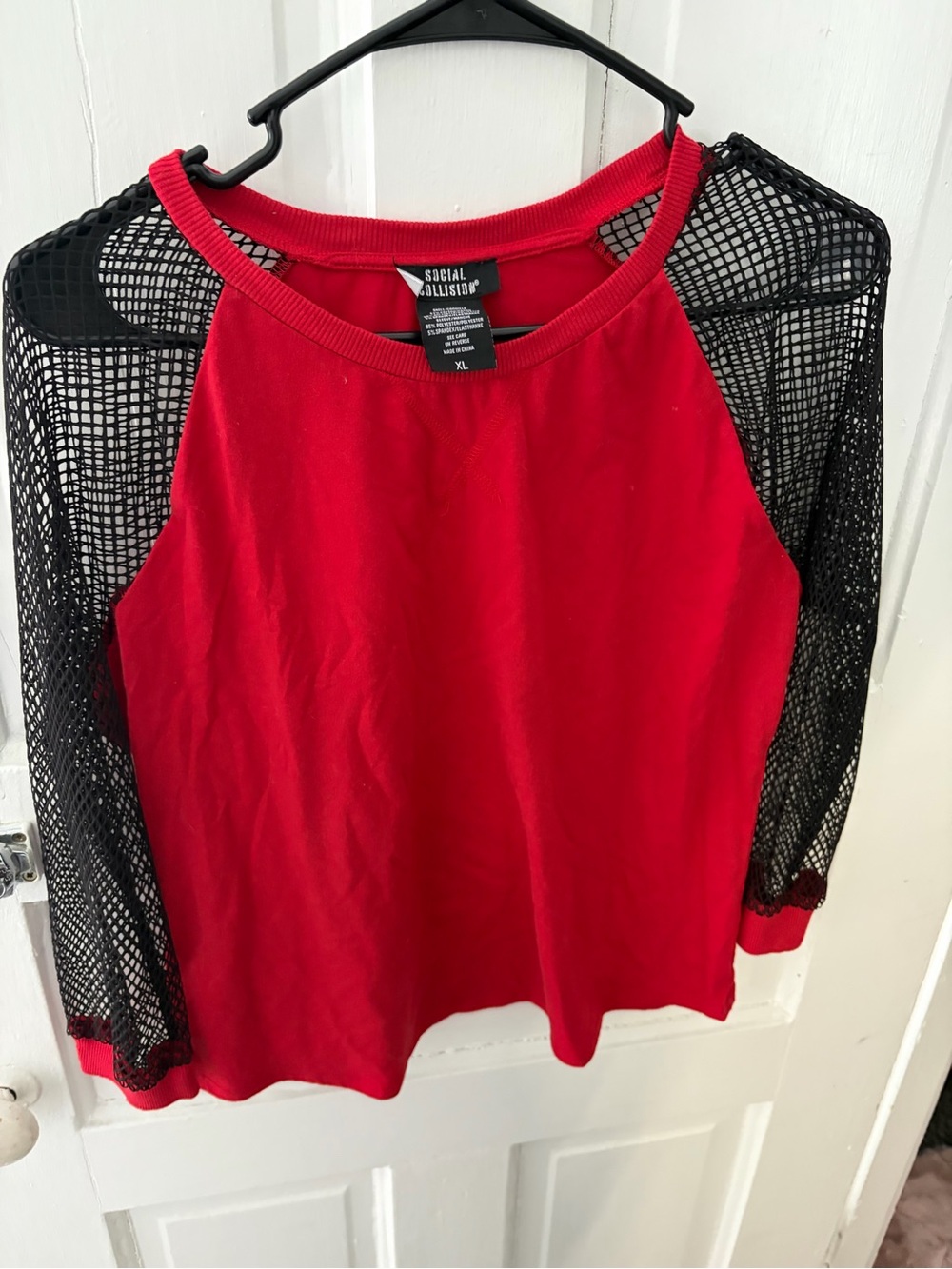 Social Addiction Red Knit Top with Black Mesh Raglan Sleeves